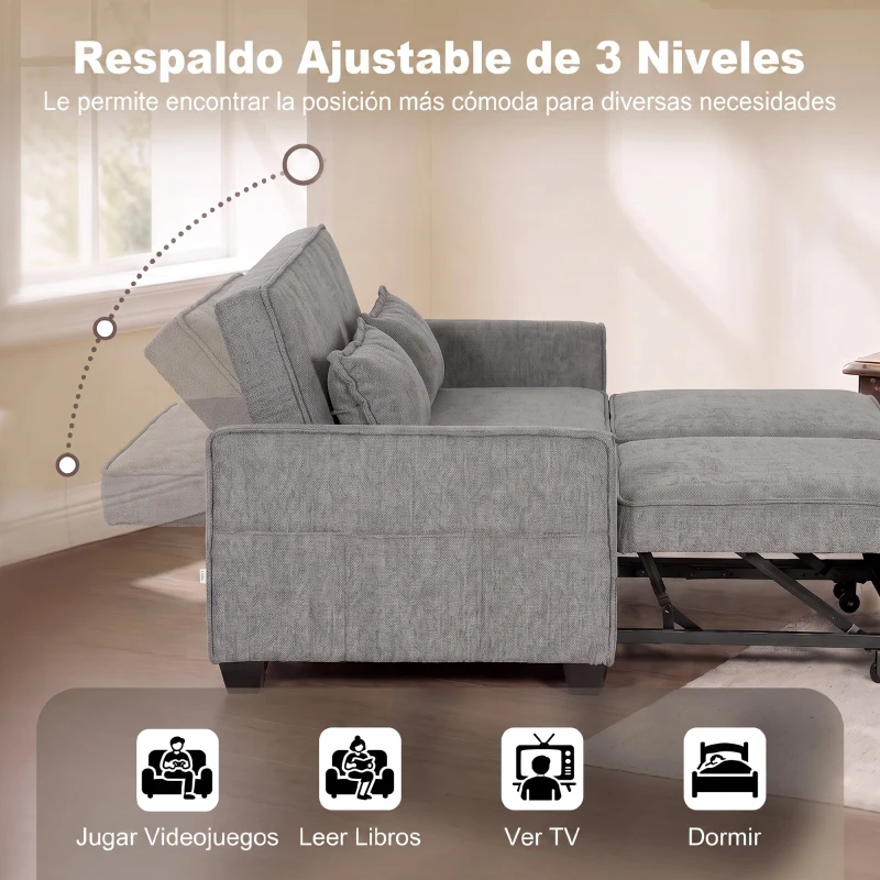 HOMCOM Sofá Cama 2 Plazas 4 en 1 con 2 Módulos Extraíbles Respaldo Ajustable 3 Niveles Bolsillos Laterales 2 Almohadas Gris