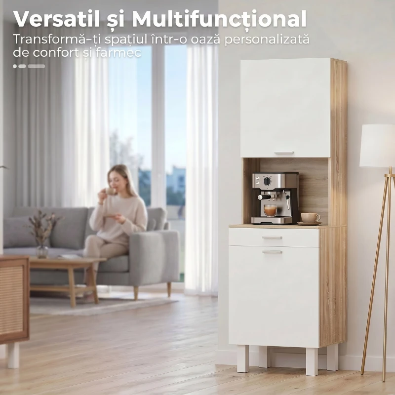 HOMCOM Mobilier Bucătărie 174 cm cu Sertar, Rafturi, Blat și Orificiu pentru Cabluri