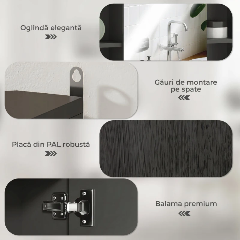 HOMCOM Dulap cu Oglindă pentru Baie, 3 Rafturi Laterale, Raft Reglabil, MDF și PAL, 60x14,5x49,4 cm, Negru și Lemn Natur