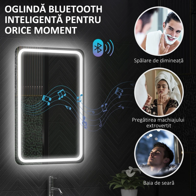 HOMCOM Oglindă de baie LED cu Bluetooth, iluminare reglabilă și funcție de memorie, din sticlă securizată, 70x50x3,5 cm