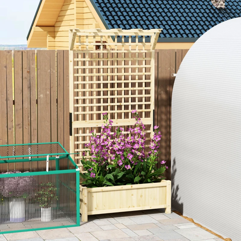 Outsunny Jardinieră cu Găuri de Drenaj, Ghiveci din Lemn cu Spalier pentru Plante Cățărătoare, Flori, Natural