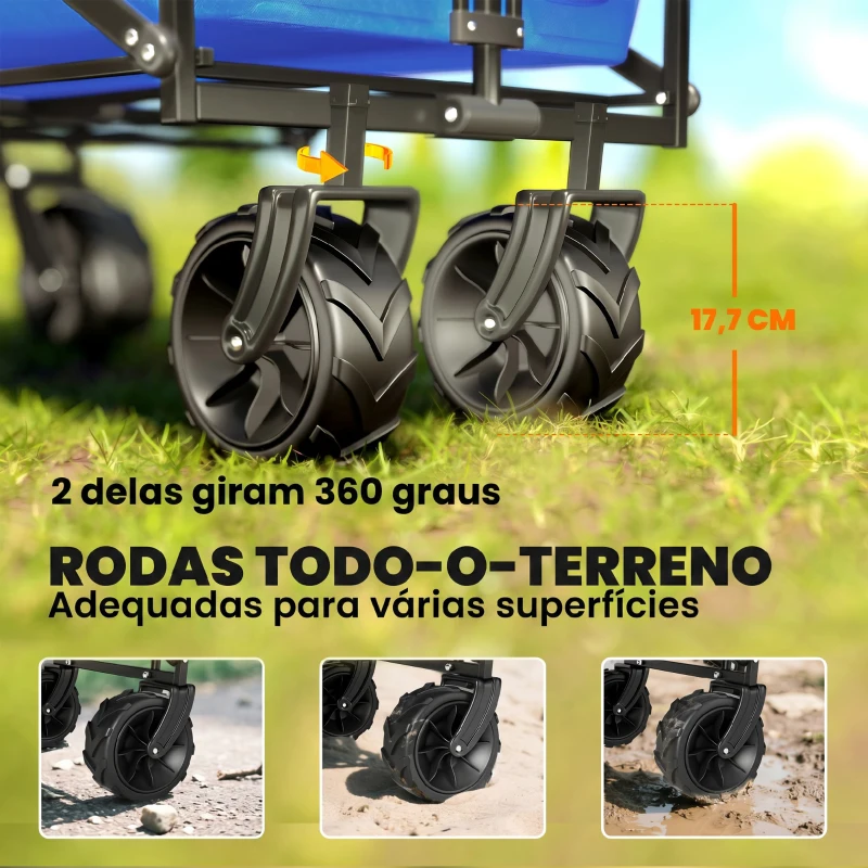 Outsunny Carrinho de Transporte Dobrável para Praia Campismo Viajem com Toldo Guiador Rodas Altura Ajustável 117x55x98 cm Azul