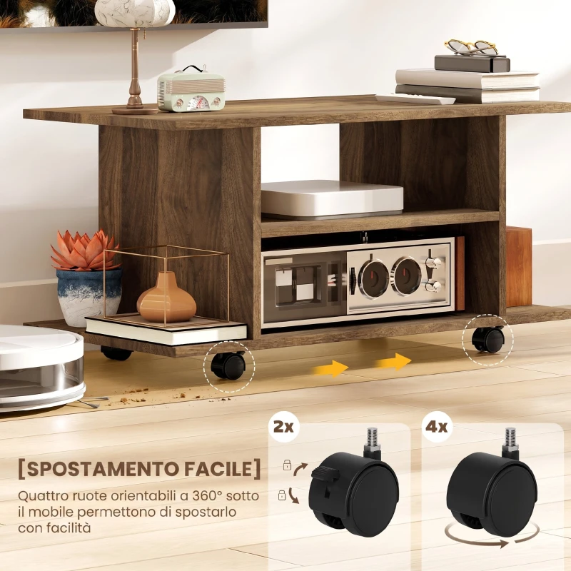 HOMCOM Mobile Porta TV Moderno con Ripiani, Ruote Girevoli e Freni, 80x40x40 cm, Color Noce