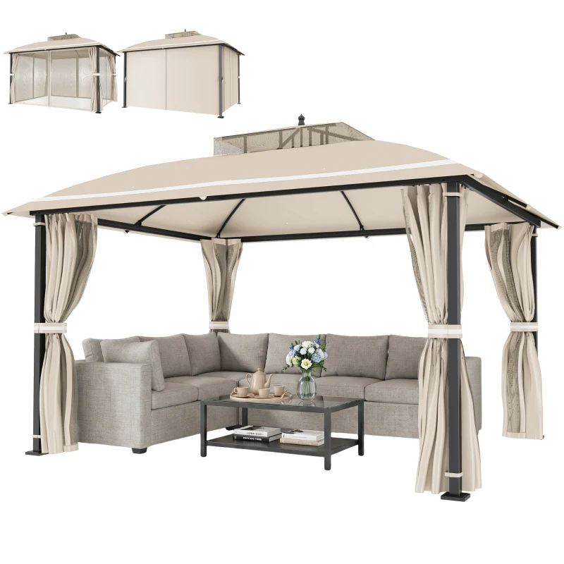 Outsunny Pavilion de grădină 3.7 x 3 m cu plasă de țânțari, perdele laterale și acoperiș dublu, bej