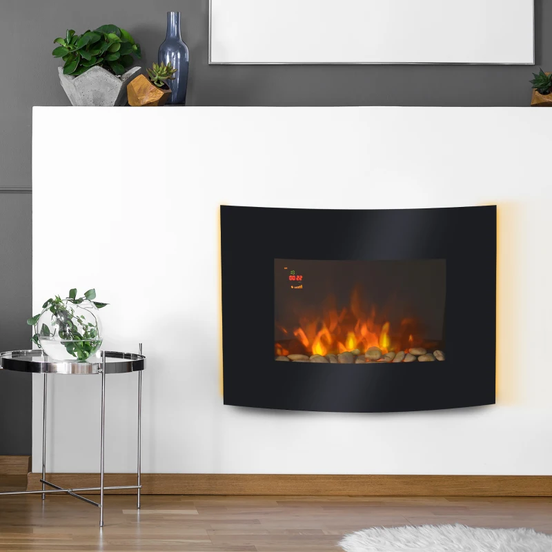 HOMCOM Șemineu Electric de Perete cu 2 Nivele de Încălzire 900-1800W, Flacără 7 Culori Reglabile și Telecomandă, Negru