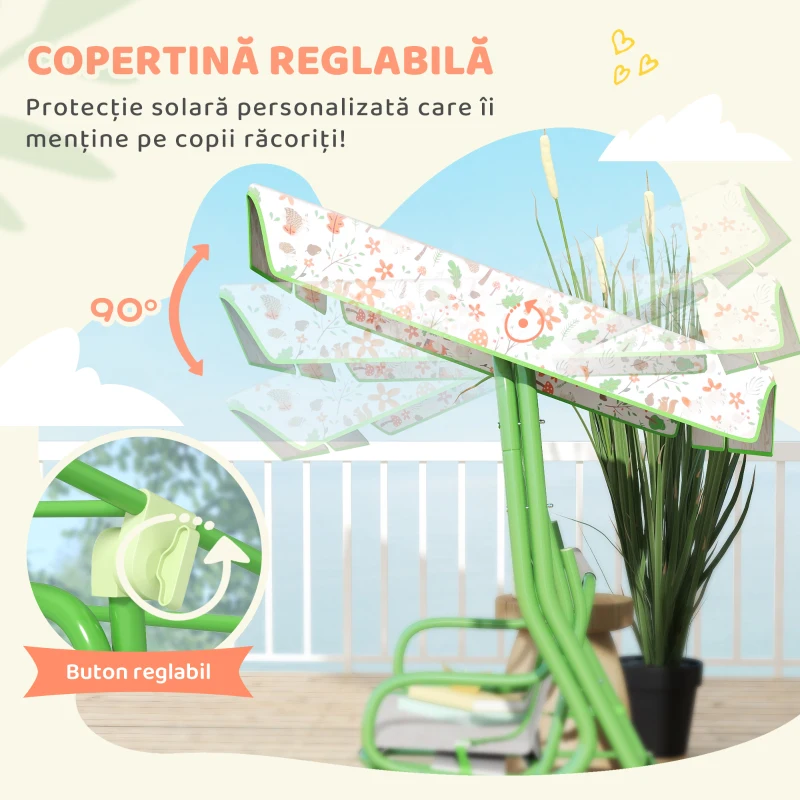 AIYAPLAY Balansoar pentru Copii de Exterior cu 2 Locuri cu Copertină Reglabilă și Centuri de Siguranță, 112x75x120 cm, Verde