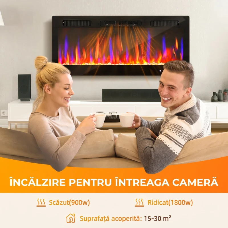 HOMCOM Șemineu Electric Încorporat cu Flacără Independentă, 3 Moduri de Încălzire și Telecomandă, 106,7x9,4x47 cm, Negru