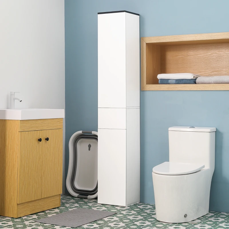 kleankin Mobile Bagno con Ripiano Regolabile, 2 Ripiani Chiusi e un Cassetto in Legno, 30x28x180 cm, Bianco