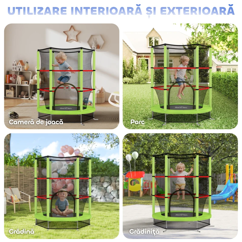 HOMCOM Trambulină pentru Copii 3-6 Ani cu Plasă de Protecție, 6 Coloane și 3 Intrări, Ø140x190 cm, Verde și Negru