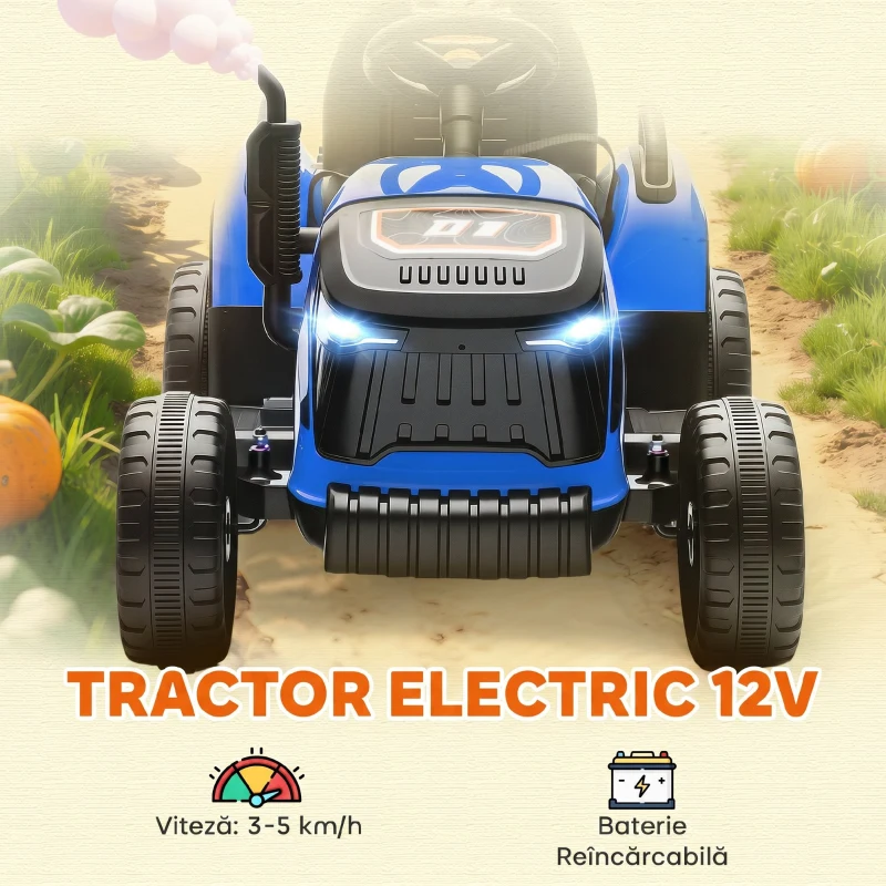 AIYAPLAY 2 în 1 Tractor Electric pentru Copii 3-8 Ani cu Remorcă Detașabilă, Telecomandă, Muzică, Lumini, Albastru