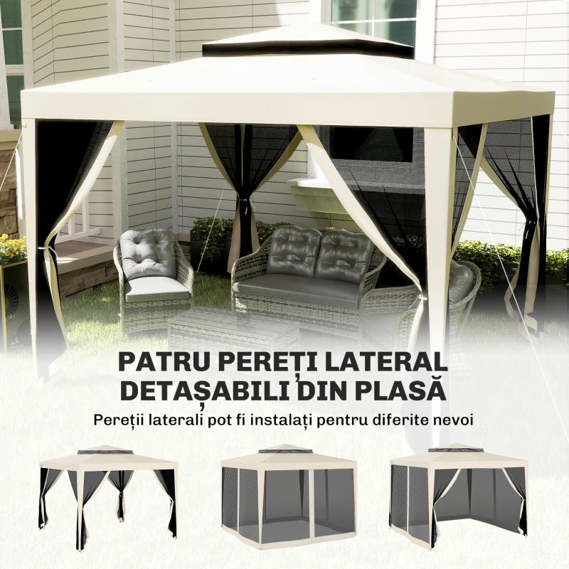 Outsunny Pavilion de Grădină 3x3m cu Plasă de Țânțari, Acoperiș Dublu și Cadru din Metal, Bej