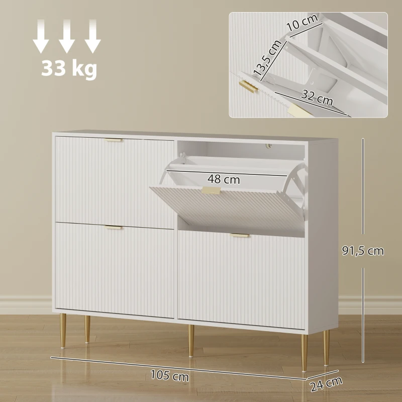 HOMCOM Scarpiera Slim per 20 Paia di Scarpe con 4 Cassetti a Ribalta e Ripiani Regolabili, 105x24x91.5 cm, Bianco