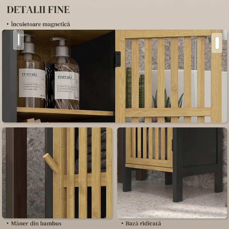 HOMCOM Dulap de Baie cu Raft Deschis și Dulăpior, din MDF și Bambus, 32x30x90,5 cm, Negru și culoare Lemn