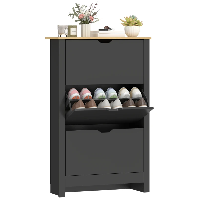 HOMCOM Armoire à Chaussures 3 Portes abattantes 2 Compartiments Panneaux Particules noir chêne