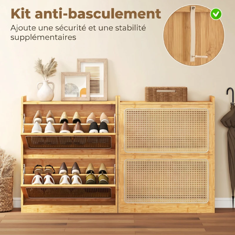 HOMCOM Meuble à chaussures 14 paires, armoire à chaussures 2 tiroirs rabattables, étagères réglables, 69x29x83cm, bois naturel