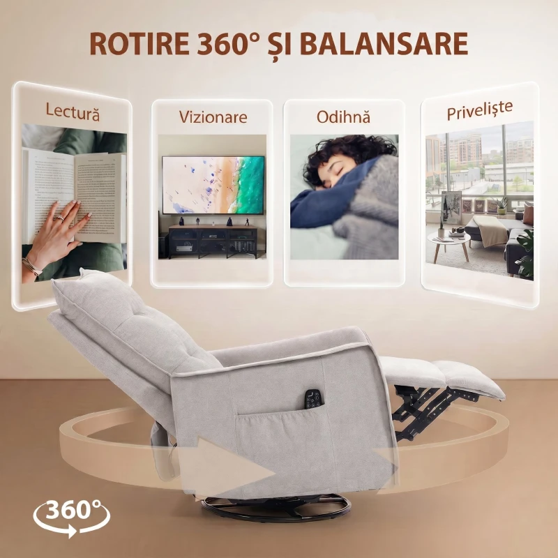 HOMCOM Fotoliu Masaj Reclinabil cu Încălzire Rotativ din Chenille cu Suport pentru Picioare și Telecomandă, Gri Deschis