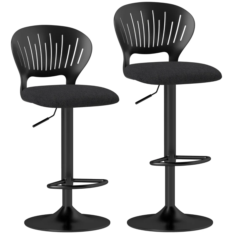 HOMCOM Set 2 Scaune de Bar Reglabile, Scaune de Bucătărie Înalte din Material Textil cu Efect de In cu Spătar, Suport pentru Picioare și Șezut Moale, Cadru Metalic, Scaune Rotative la 360°, Negru
