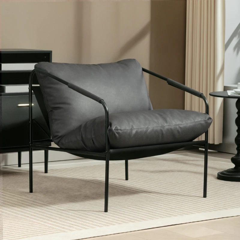 HOMCOM Fotoliu de Living din Piele PU și Cadru Metalic cu Perne Groase, 74,5x75x77 cm, Gri Cărbune