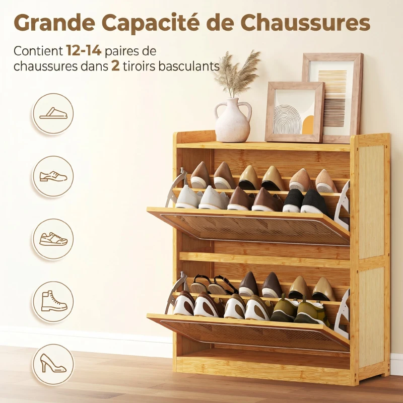 HOMCOM Meuble à chaussures 14 paires, armoire à chaussures 2 tiroirs rabattables, étagères réglables, 69x29x83cm, bois naturel