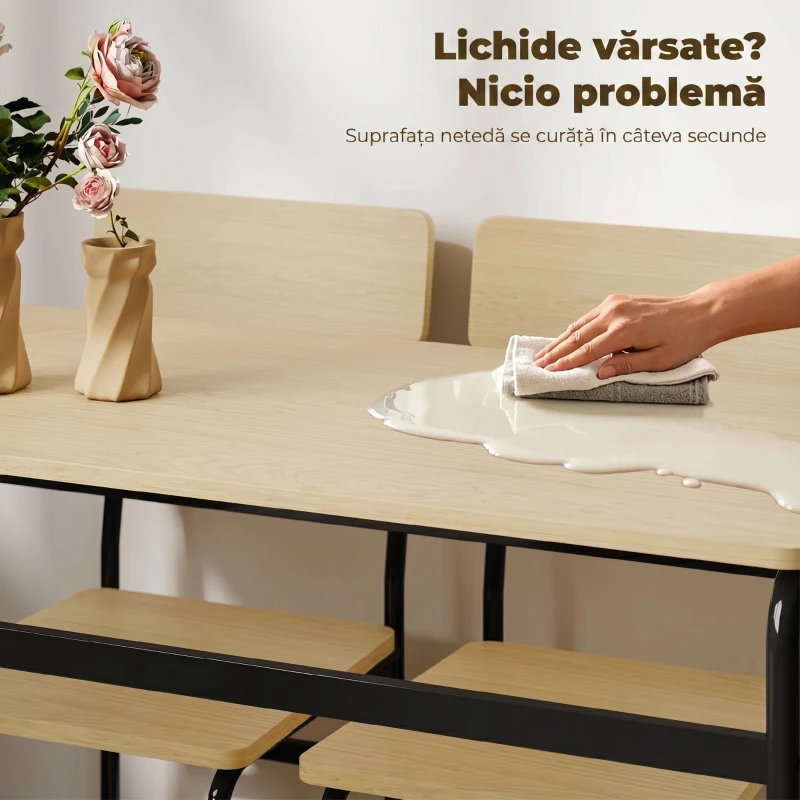 HOMCOM Set de Dining cu 5 Piese, Masă Dreptunghiulară și 4 Scaune, din Lemn și Metal, Negru și Lemn