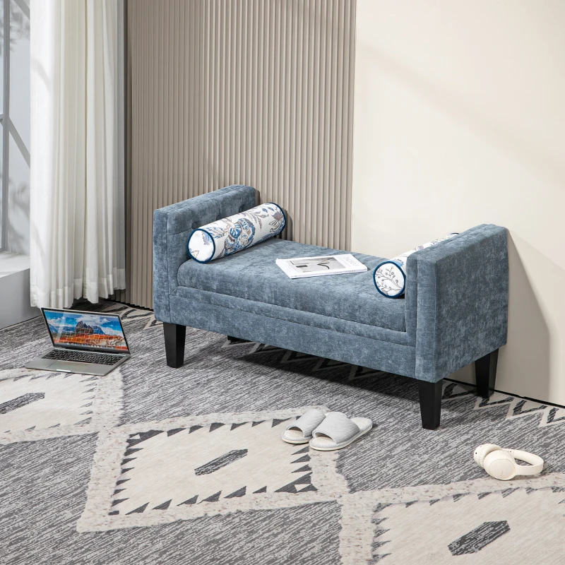 HOMCOM Bancă pentru capătul patului cu brațe tapițate și 2 perne, din chenille și lemn, 115.5x45x56 cm, gri și negru(m-10)