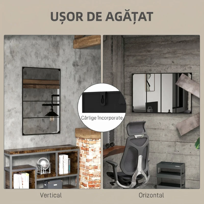 HOMCOM Oglindă de perete în stil industrial cu 4 cârlige, din sticlă multistrat, metal și MDF, 109x2x69 cm, negru