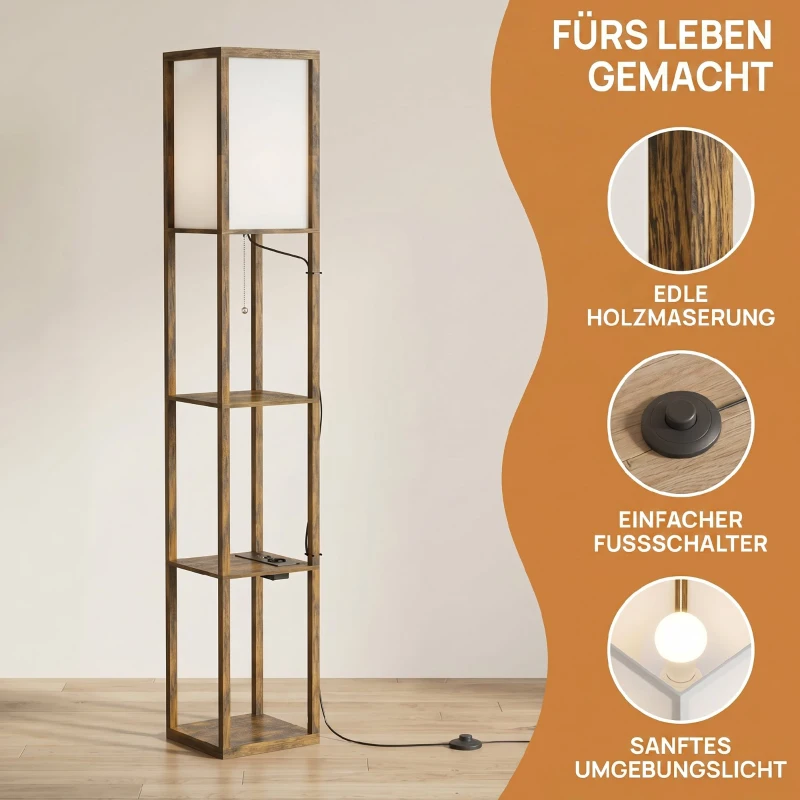 HOMCOM LED Stehlampe mit 3 Regalen, Stehleuchte mit E27 Fassung, 26 x 26 x 160 cm, für Wohn-/Schlafzimmer