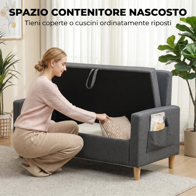 HOMCOM Divano 2 Posti con Spazio Portaoggetti e Cuscini, in Tessuto Effetto Lino e Legno, 135x72x84 cm, Grigio Scuro