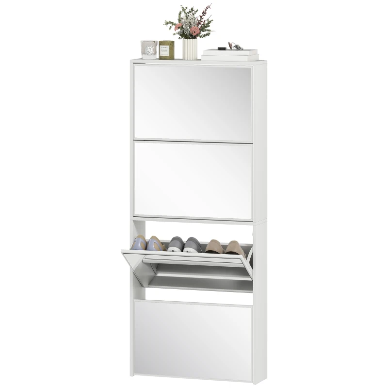 HOMCOM Sapateira Estreita com Espelho 4 Portas Abatíveis para 12 Pares de Sapatos para Espaços Reduzidos 63x17x146 cm Branco