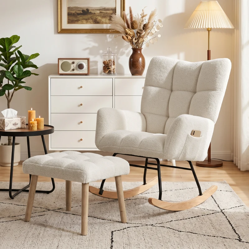 HOMCOM Fauteuil à Bascule avec Repose-Pieds, Rocking Chair en Tissu Bouclette, Assise Rembourrée, Dossier Large, Crème