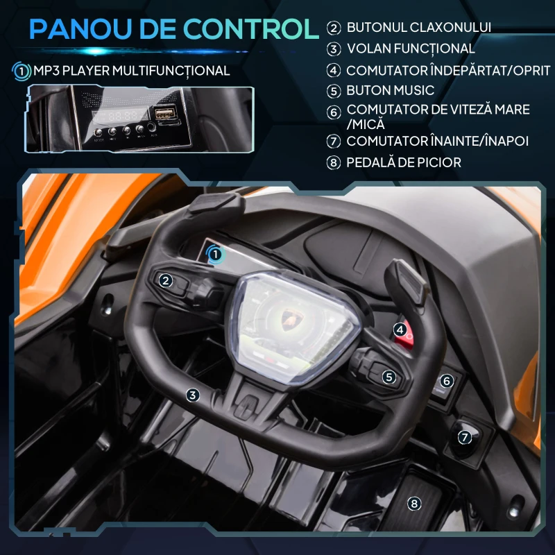 HOMCOM Mașină Electrică pentru Copii Lamborghini cu Telecomandă, Faruri LED și Muzică, Vârsta 3+ Ani, Portocalie