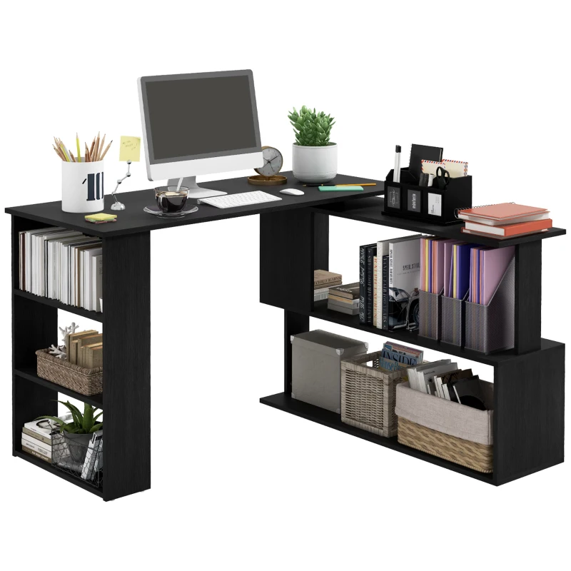 HOMCOM Birou Colțar cu Blat Rotativ la 360° și 5 Rafturi, 120x110x74,5 cm, Negru