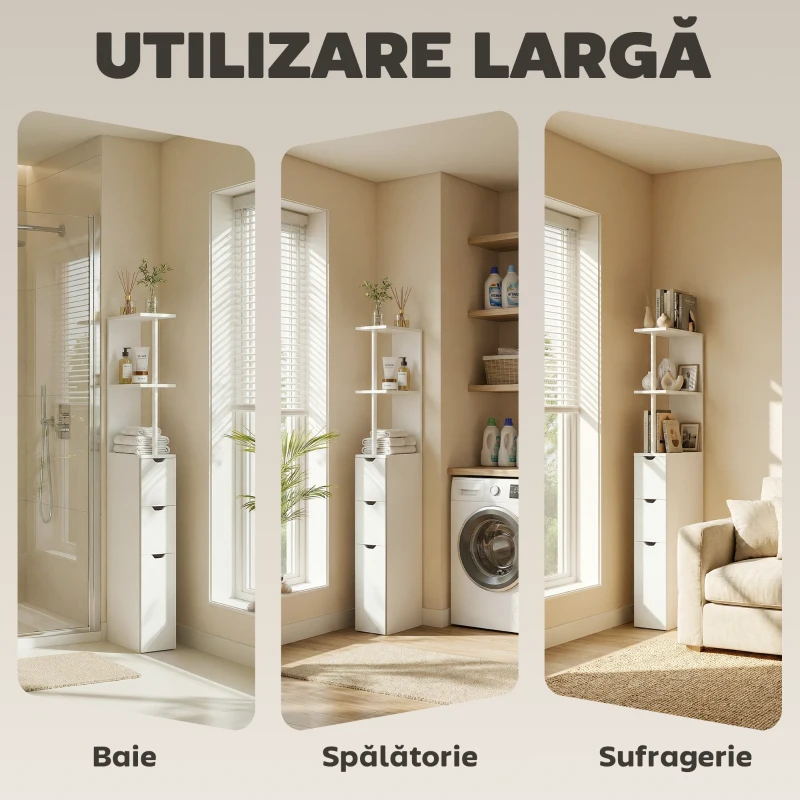 HOMCOM Dulap de Baie din Lemn cu Rafturi și Sertare, 15x33x136 cm, Lemn Natural