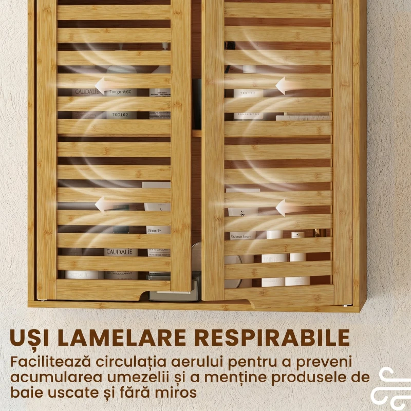 HOMCOM Dulap Suspendat pentru Baie cu Raft Interior Reglabil și Uși Tip Obloane, din Bambus, 60x20x60 cm, Culoare Lemn