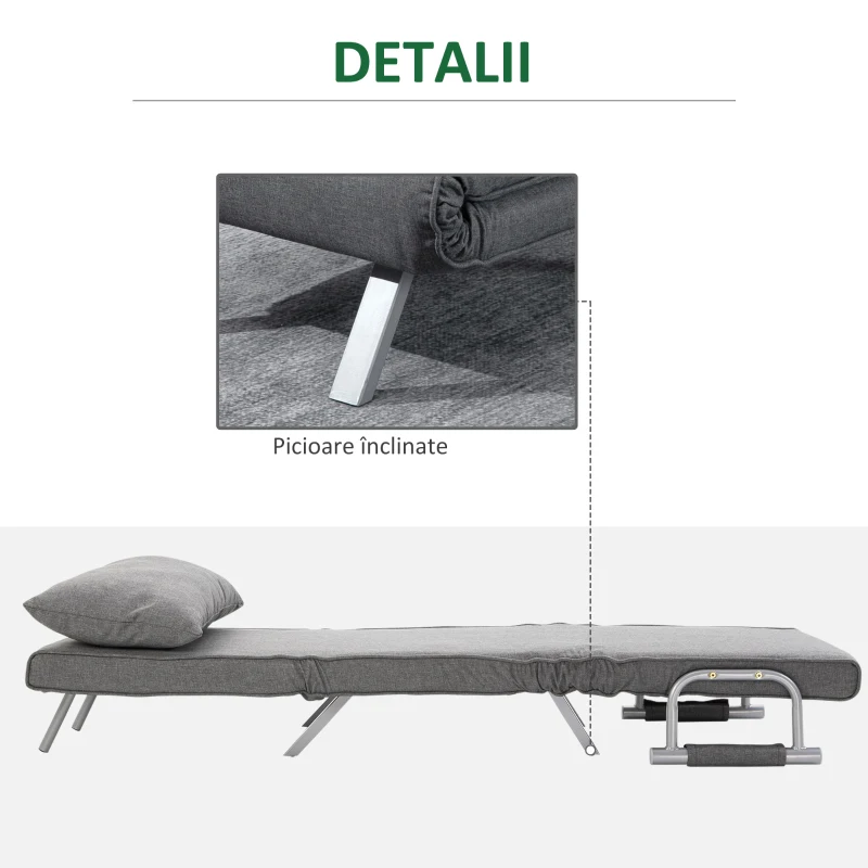 HOMCOM Fotoliu Pat Single cu Spătar Reglabil pe 5 Nivele și Pernă, din Material Textil, Gri Deschis