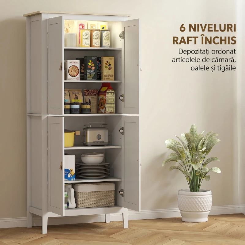 HOMCOM Bufet Înalt de Bucătărie, Dulap cu Lumină LED, Reglabil în 3 Culori, Rafturi Ajustabile, Alb