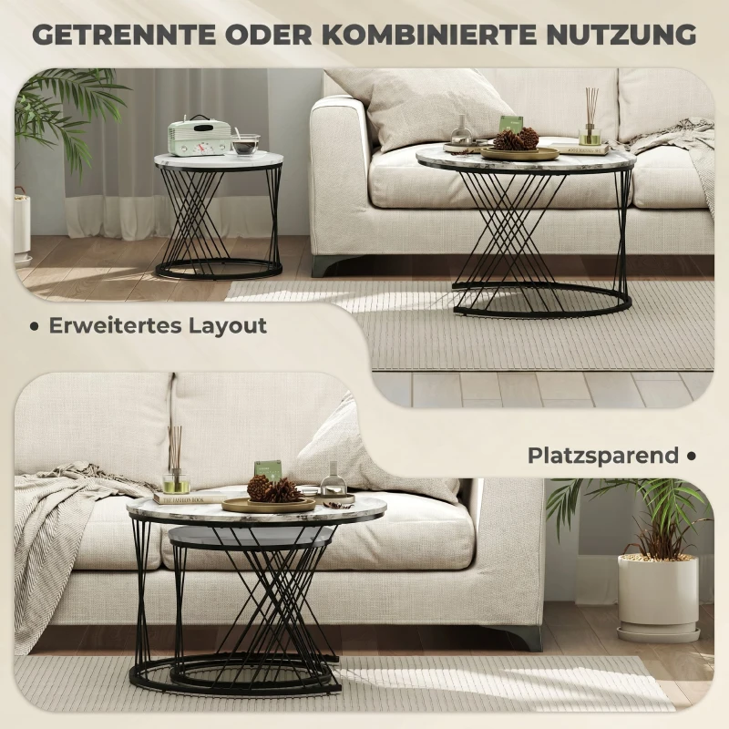 HOMCOM Couchtische im 2er-Set, Marmoroptik, Spanplatte, Metall, runde Kaffeetische für Wohnzimmer, ineinanderstellbar Grau+Weiß