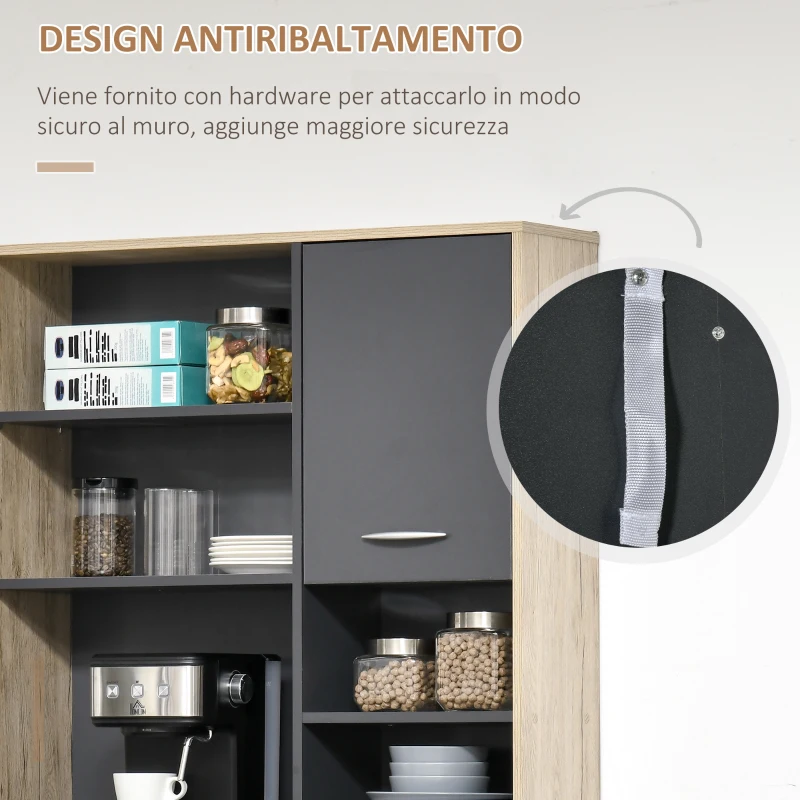 HOMCOM Mobile Cucina Credenza Moderna Salvaspazio con 2 armadietti 3 cassetti 3 ripiani Legno 90 x 39 x 169cm colore Grigio Rovere Chiaro
