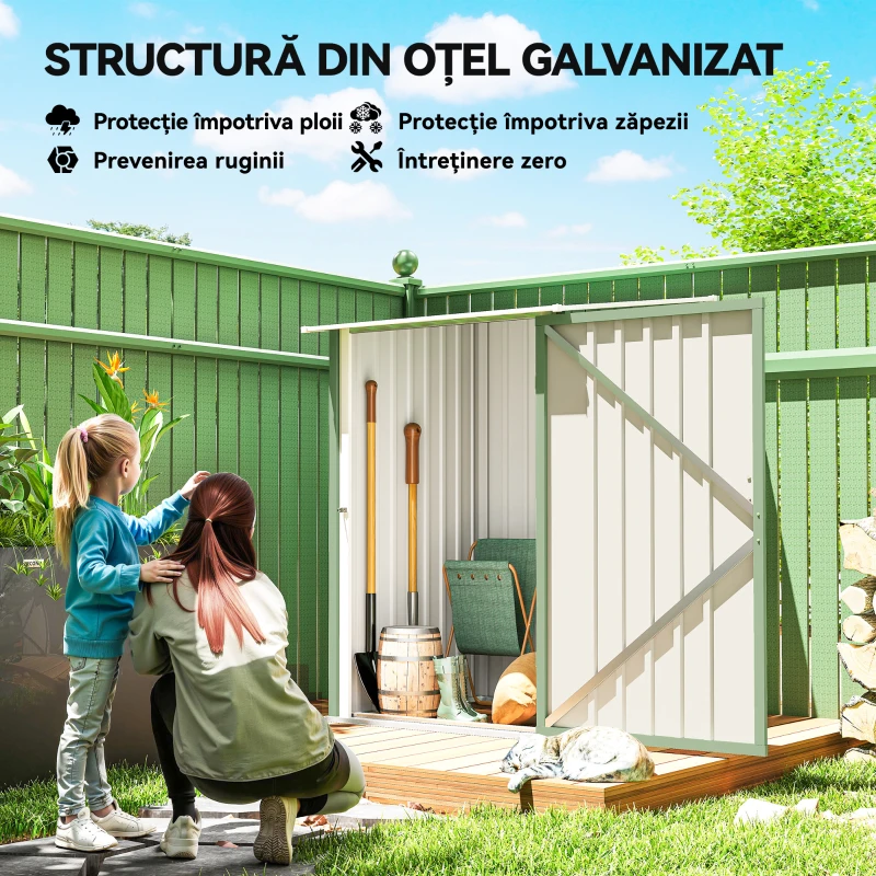 Outsunny Căsuță de Grădină pentru Depozitarea Uneltelor, din Oțel Galvanizat, cu Ușă, 100x104x160 cm, Verde Deschis