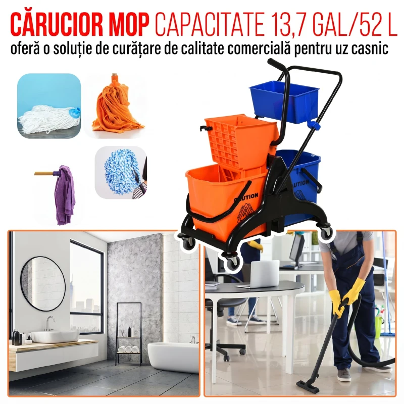 HOMCOM Cărucior Profesional de Curățenie cu 2 Găleți de 26L, Cărucior cu Presă, Mâner și 4 Roți Universale, pentru Hotel, Casă, Birou, 78x45x95 cm, Portocaliu și Albastru