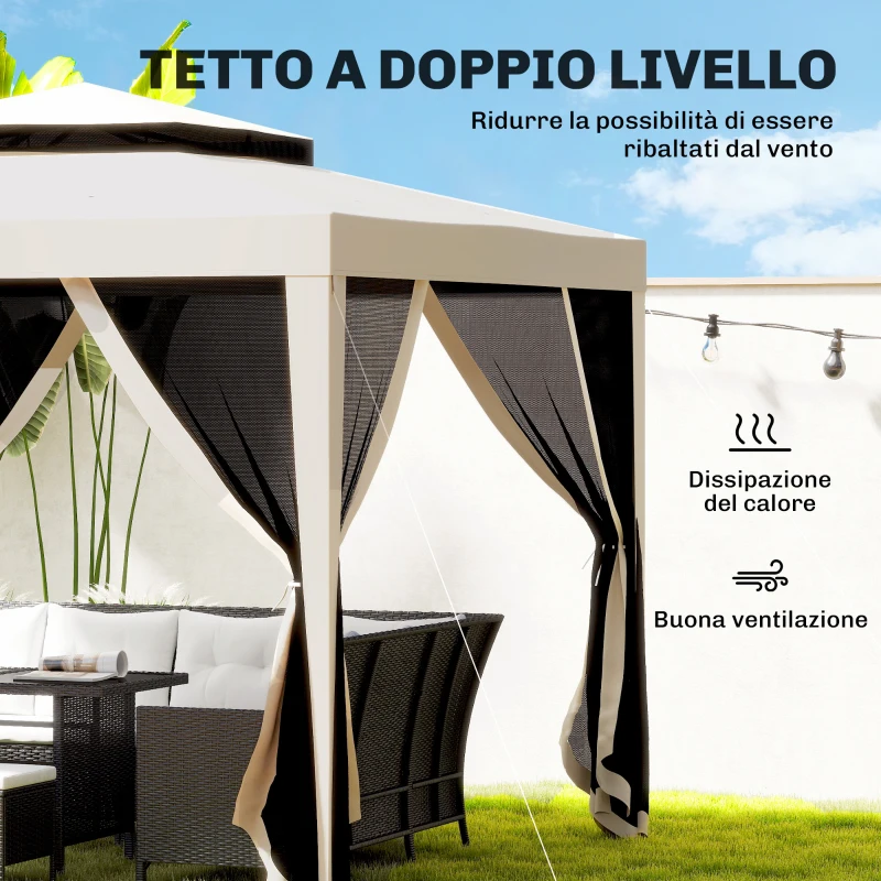 Outsunny Gazebo da Giardino 3x3m con Zanzariera, Doppio Tetto e Telaio in Metallo, Beige