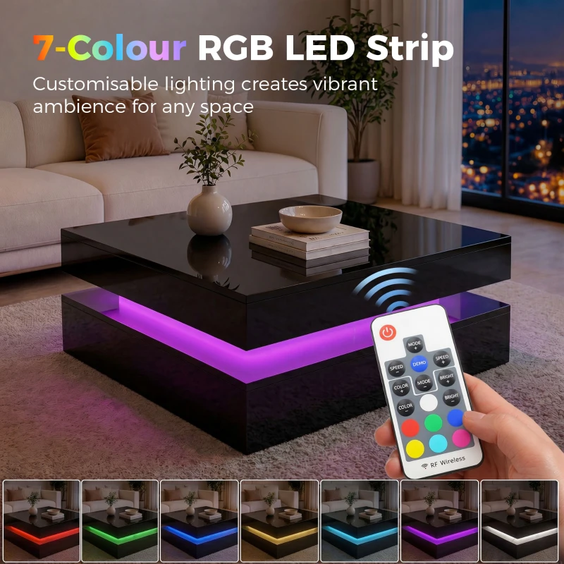 HOMCOM LED Coffee Table with Storage, 2-Tier Modern Centre Table with Open Shelf and Remote for Living Room, High Gloss Black