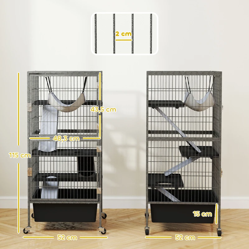PawHut Gaiola para pequenos animais 4 andares com bandeja elevável Rampas Rede Rodízios Plataformas 52x52x115 cm Cinza