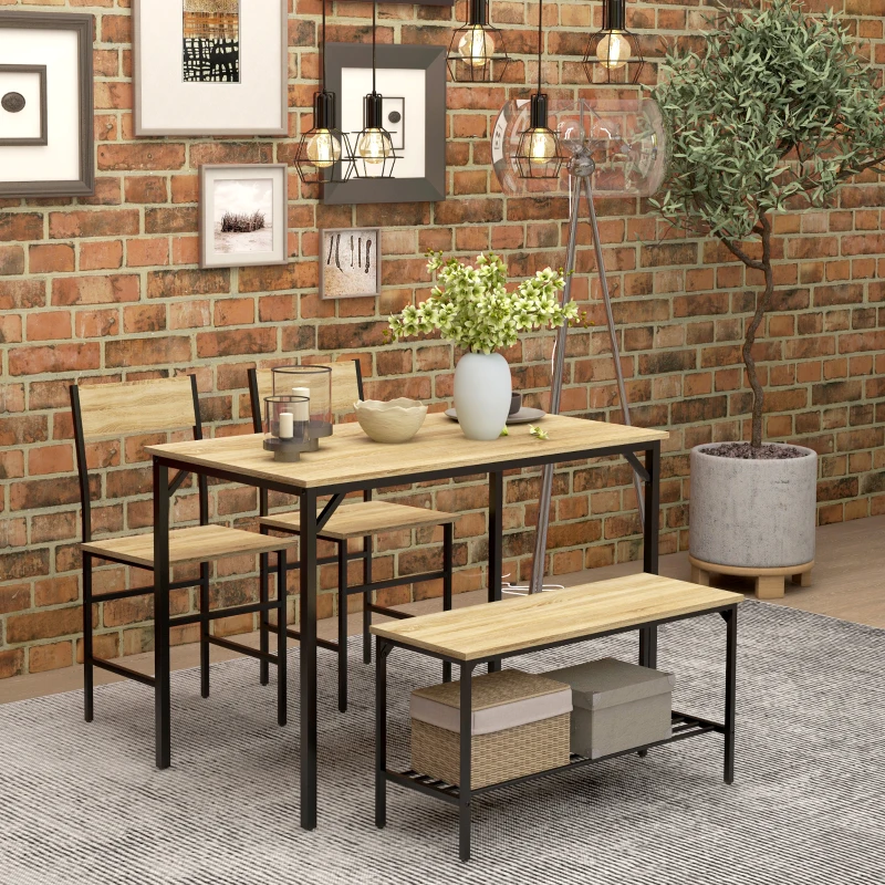 HOMCOM Square Dining Set for 4 Persons, Table, Chairs and Bench Included, Natural Wood Effect
