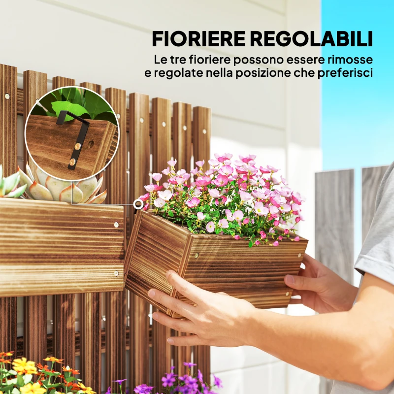 Outsunny Fioriera Verticale a Doghe con 3 Vasi Rimovibili, in Legno di Abete, 60x16x80 cm, Marrone Bruciato