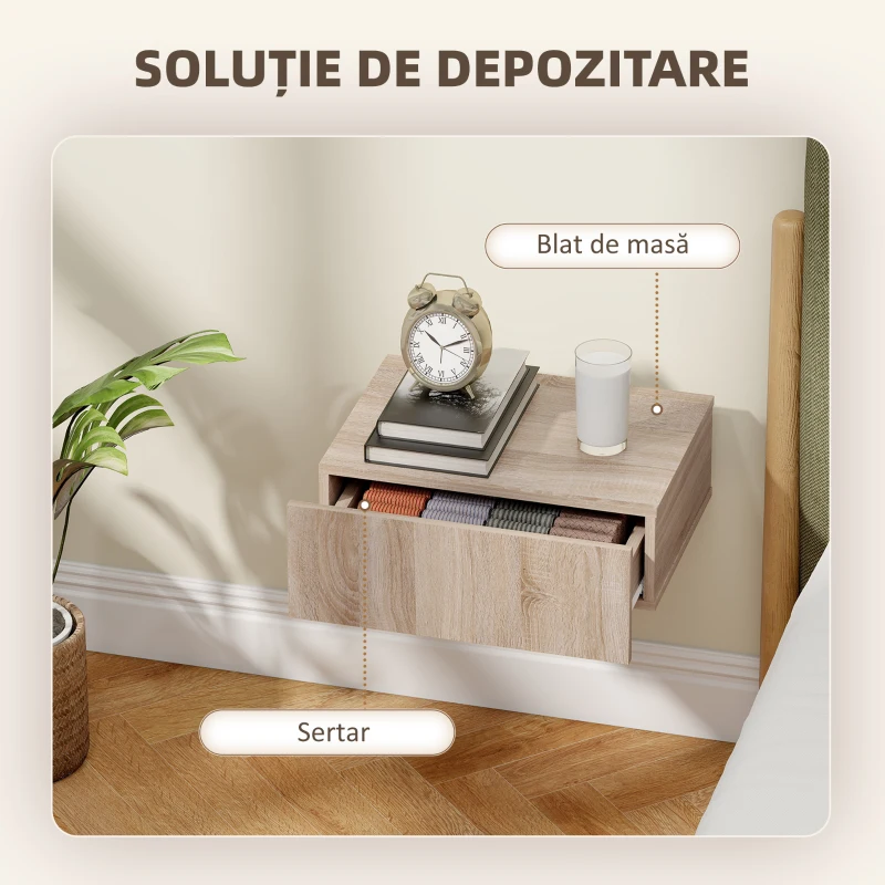 HOMCOM Set de 2 noptiere suspendate moderne cu sertar din lemn, 40x30x15cm, stejar