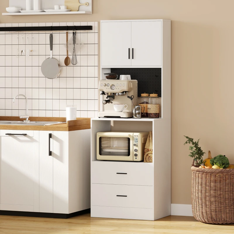 HOMCOM Mueble Auxiliar de Cocina con Soporte para Microondas 2 Cajones 2 Puertas y Panel Perforado de Metal Blanco