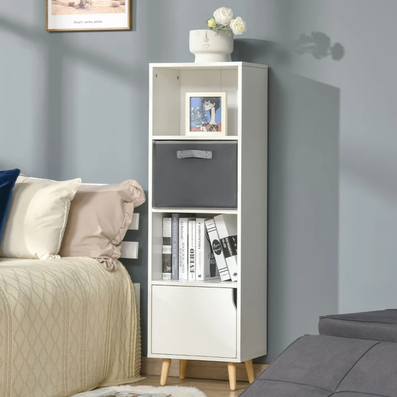 HOMCOM Bookcase with Door and Fabric Drawer, 3 Tier Bookshelf Display Cabinet with Wooden Legs for Living Room Bedroom Study, White