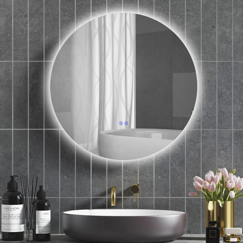 kleankin Oglindă de Baie cu Lumină LED Rotundă 80cm, 3 Culori, 3000-6500K, Oglindă de Perete Iluminată cu Interruptoare Touch, Luminozitate Reglabilă, Funcție Memorie și Anti-Ceață, IP44