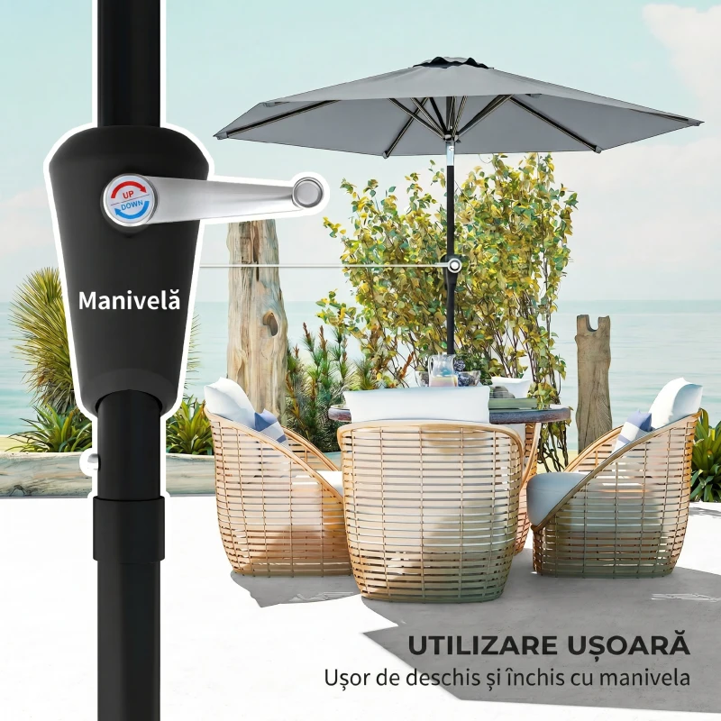 Outsunny Umbrelă de grădină înclinabilă, 2.3x2m, cu deschidere cu manivelă și 6 spițe, gri